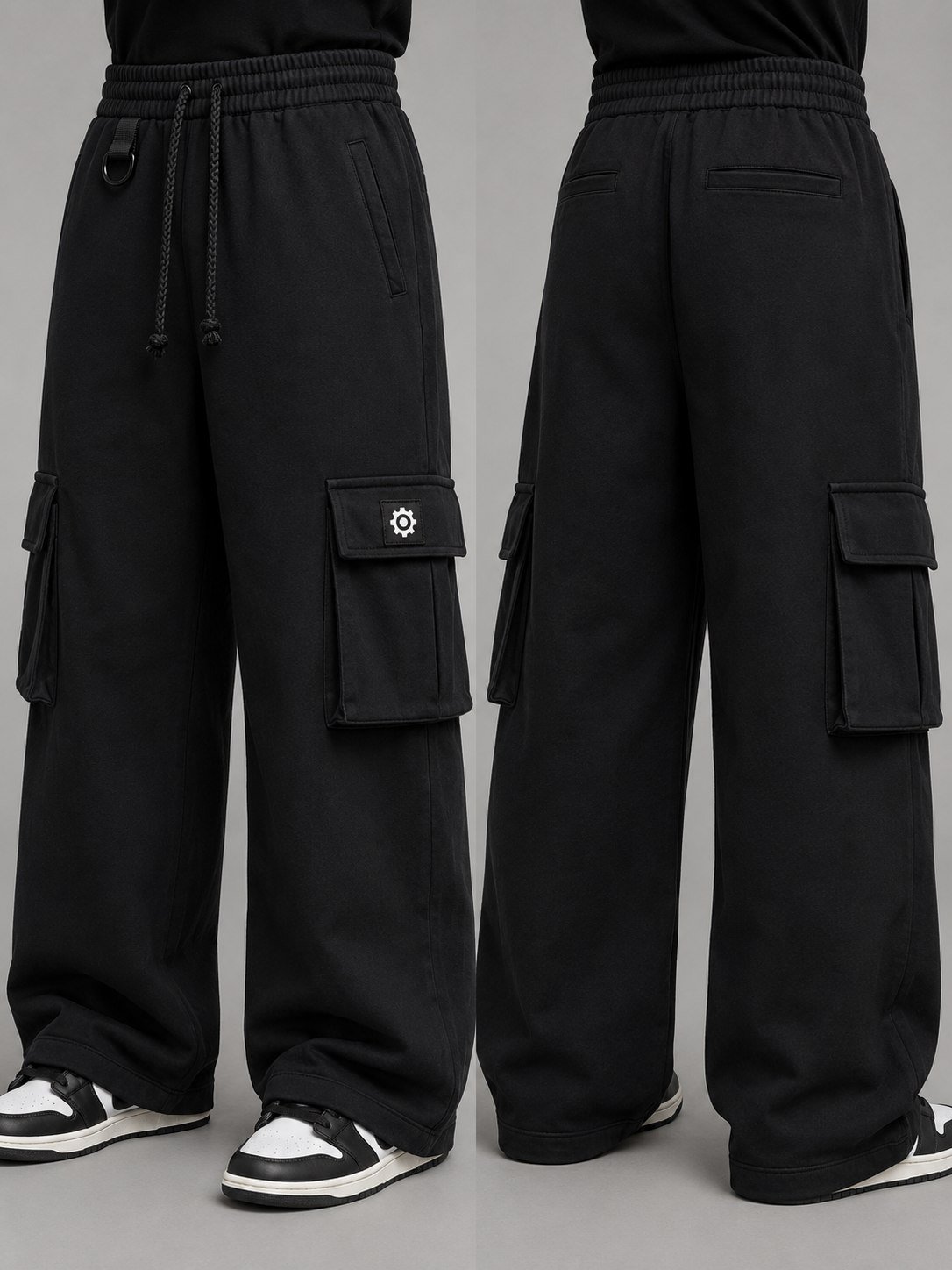 THE COG cargo sweatpants, front and back view, black with gear patch pocket