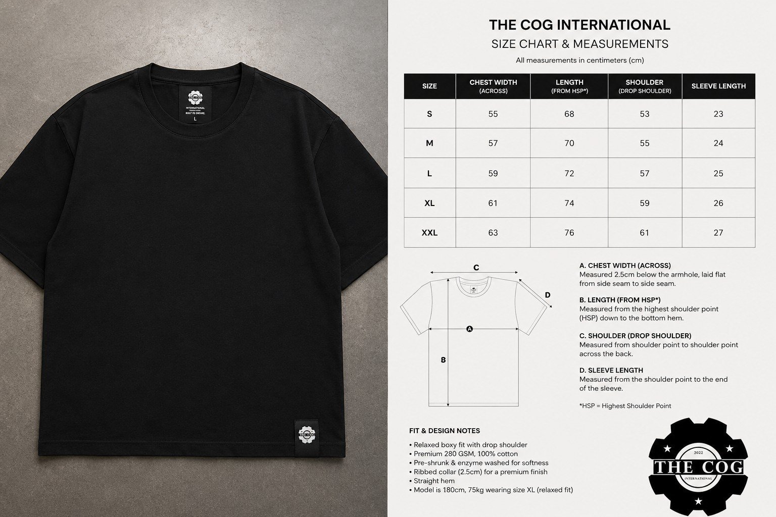 THE COG boxy fit black t-shirt, relaxed drop shoulder, with woven gear label at collar and hem
